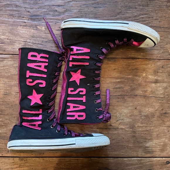Used Girls Converse Super High Tops Pink and Black Size 4 - Picture 1 of 2